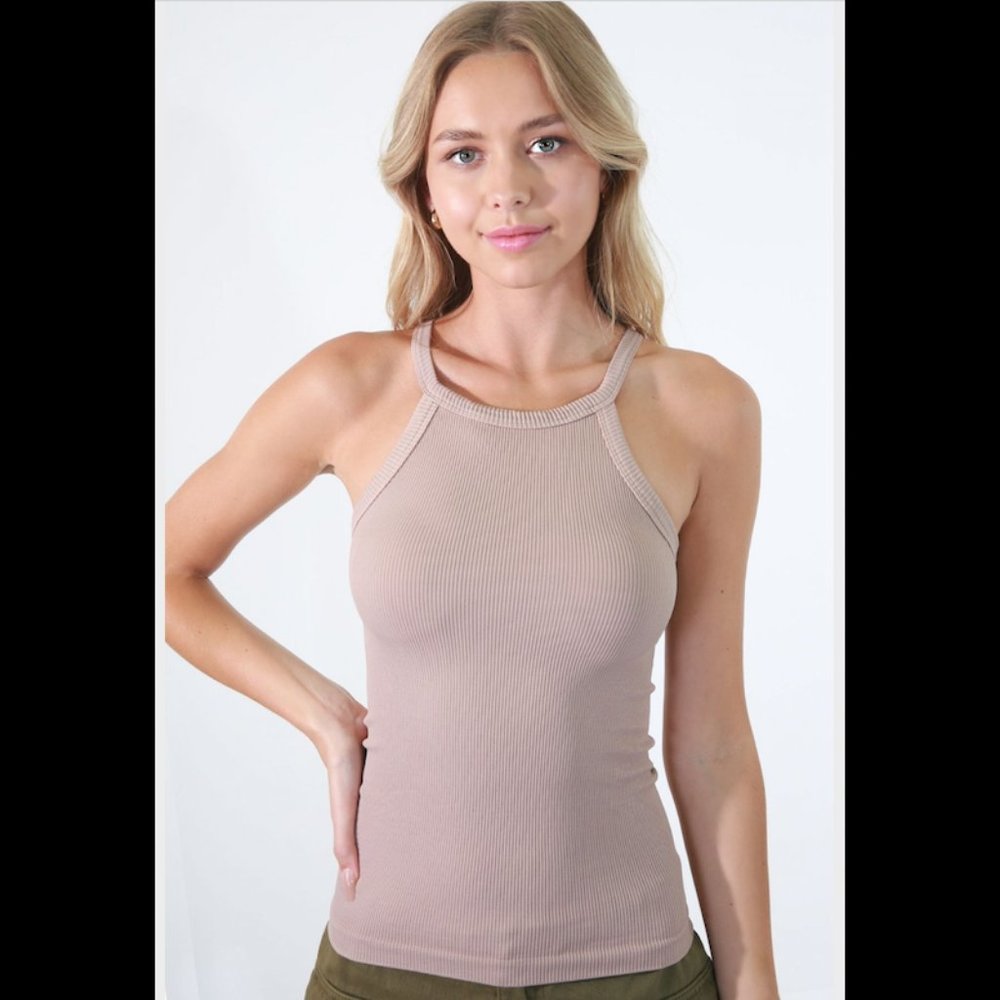 New Almond Beige Medium Thick Fabric Super Stretch Highneck Tank Top One Size